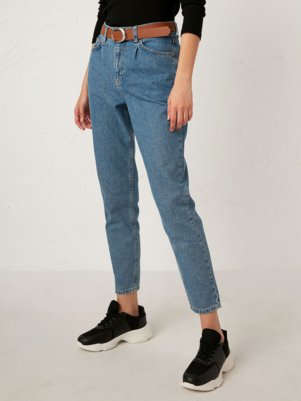 İndigo Kemerli Mom Jean Pantolon-7