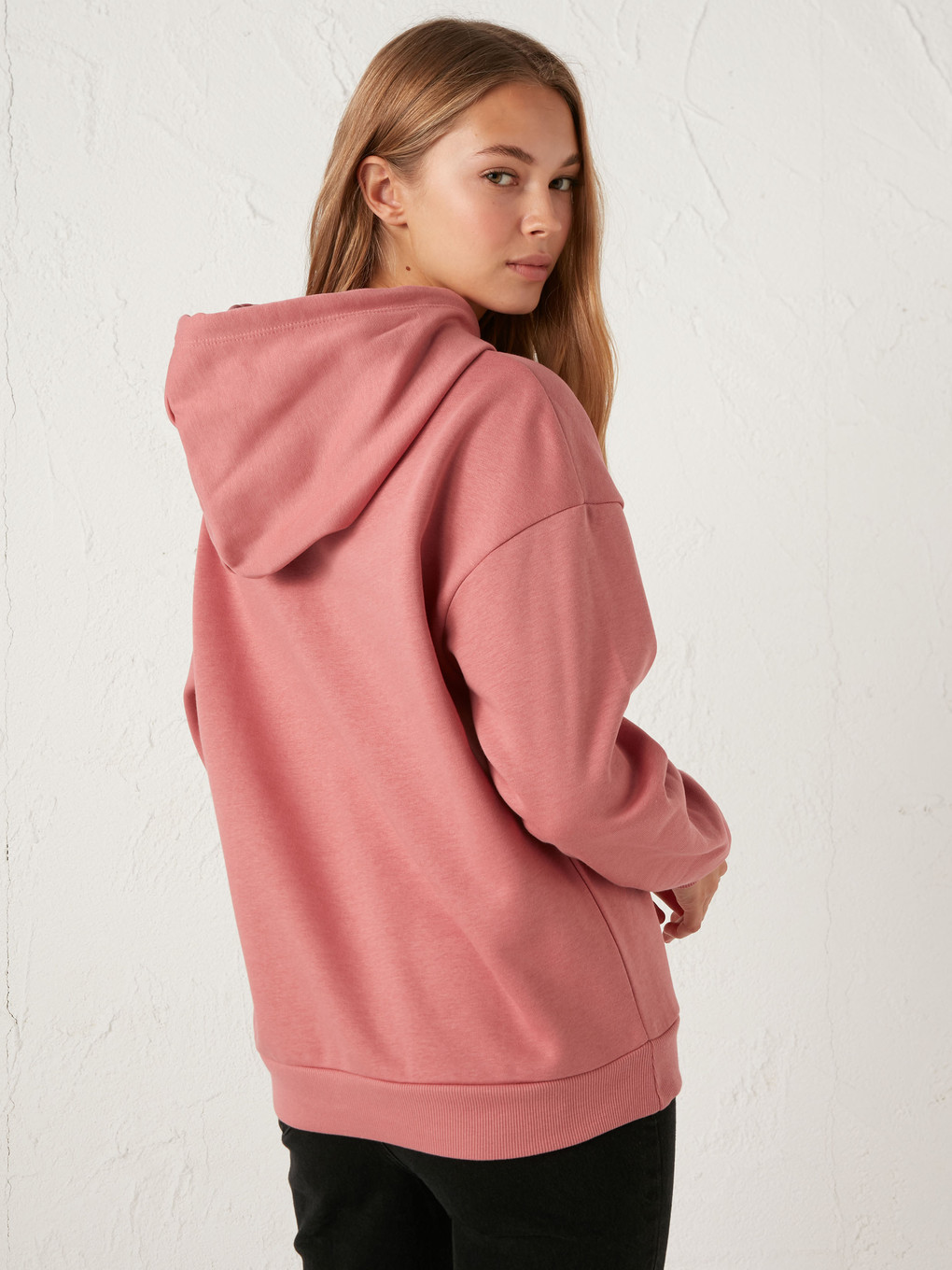 Pembe Yazı Baskılı Kadın Kalın Hoodie-4