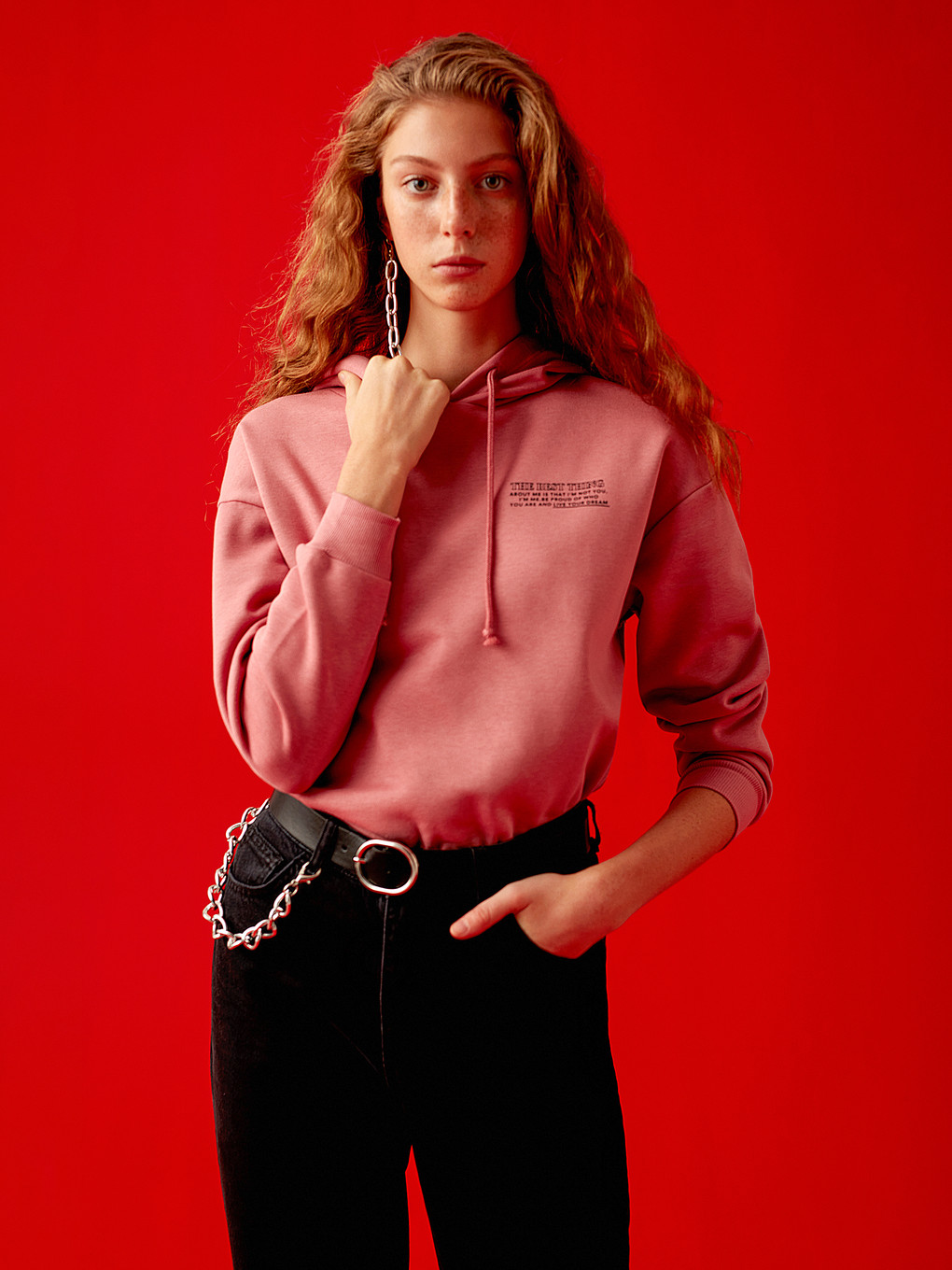 Pembe Yazı Baskılı Kadın Kalın Hoodie