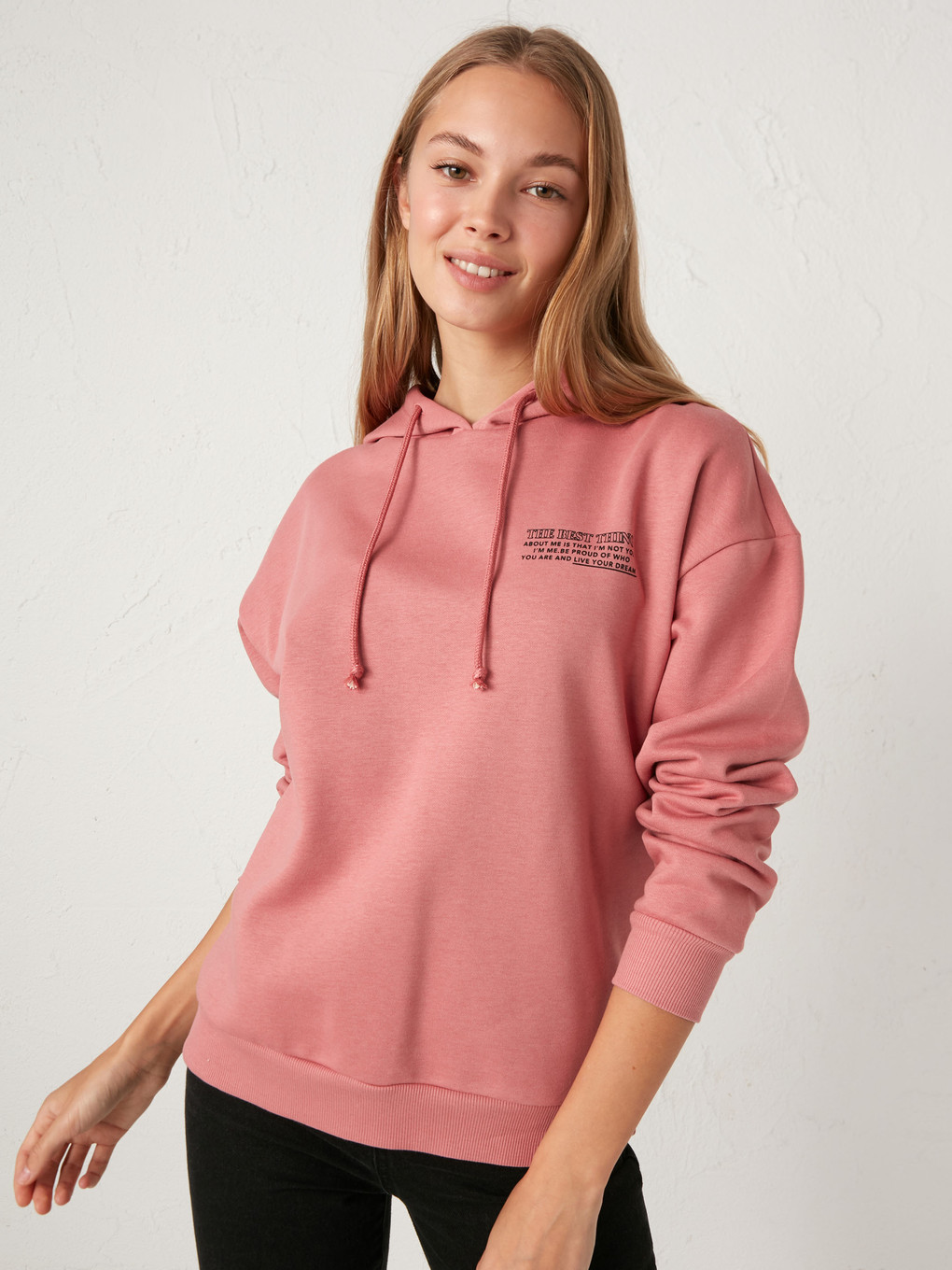 Pembe Yazı Baskılı Kadın Kalın Hoodie-1
