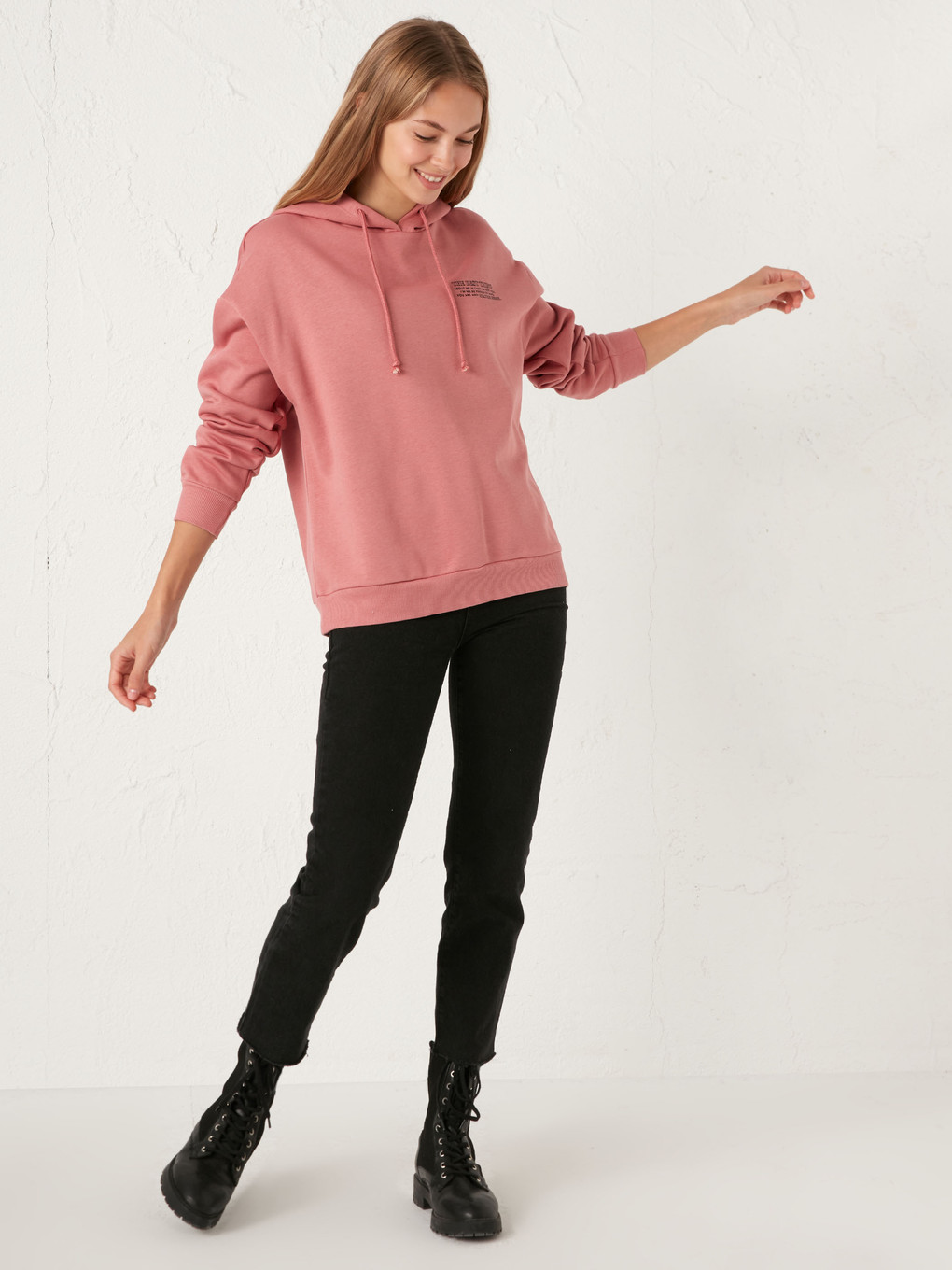 Pembe Yazı Baskılı Kadın Kalın Hoodie-2