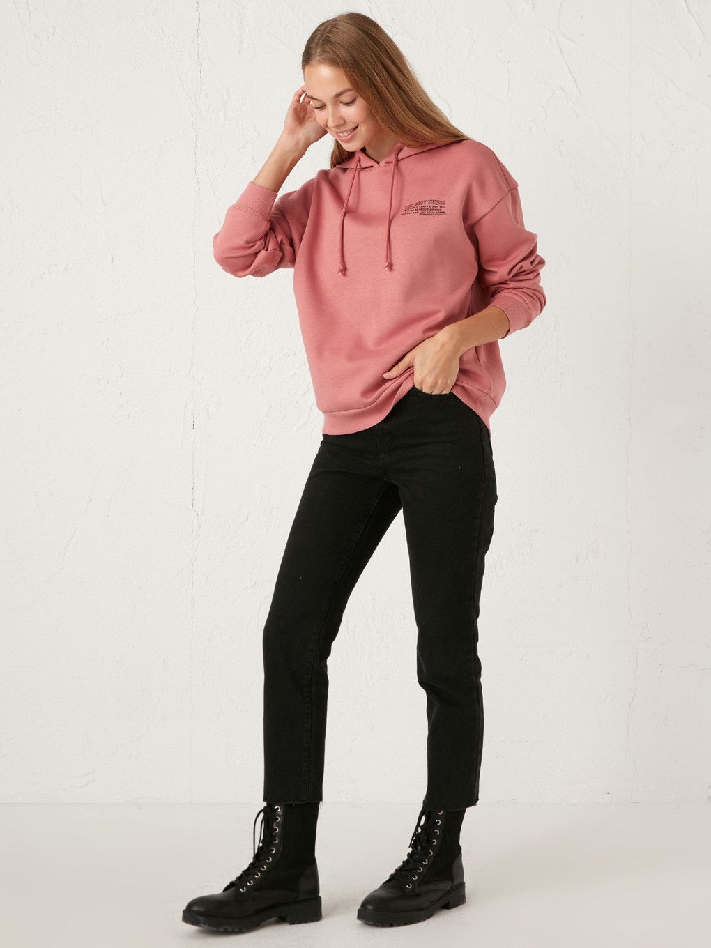 Pembe Yazı Baskılı Kadın Kalın Hoodie-3