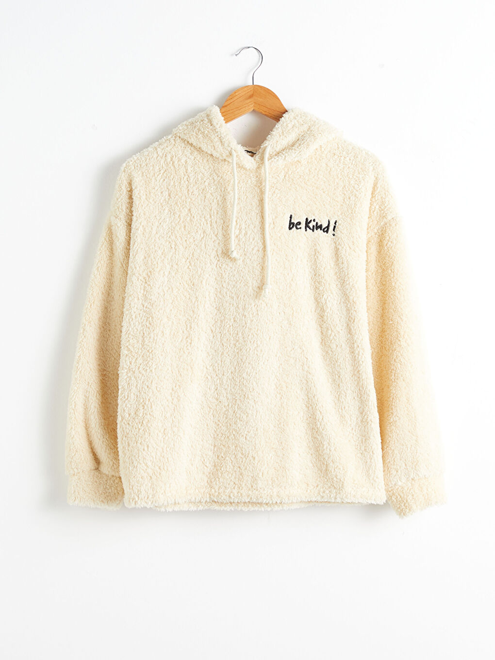 Bej Kapüşonlu Kalın Pelüş Sweatshirt