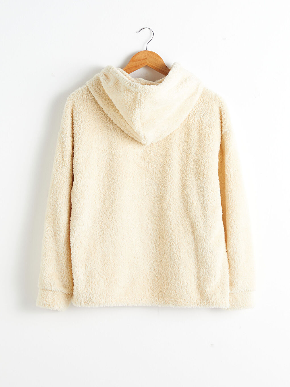 Bej Kapüşonlu Kalın Pelüş Sweatshirt-1