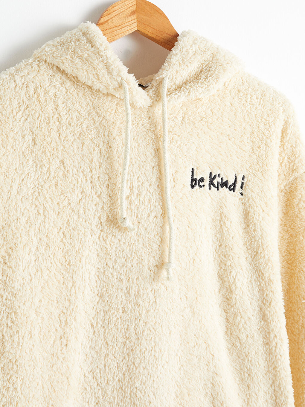 Bej Kapüşonlu Kalın Pelüş Sweatshirt-2