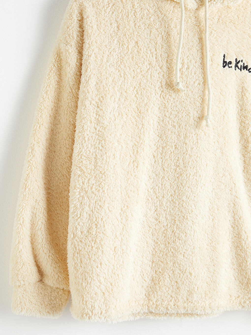 Bej Kapüşonlu Kalın Pelüş Sweatshirt-3