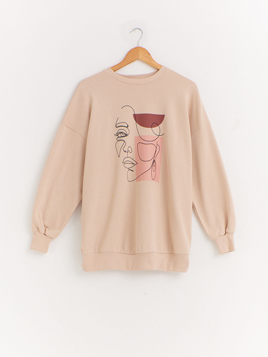 Bej Bisiklet Yaka Baskılı Sweatshirt