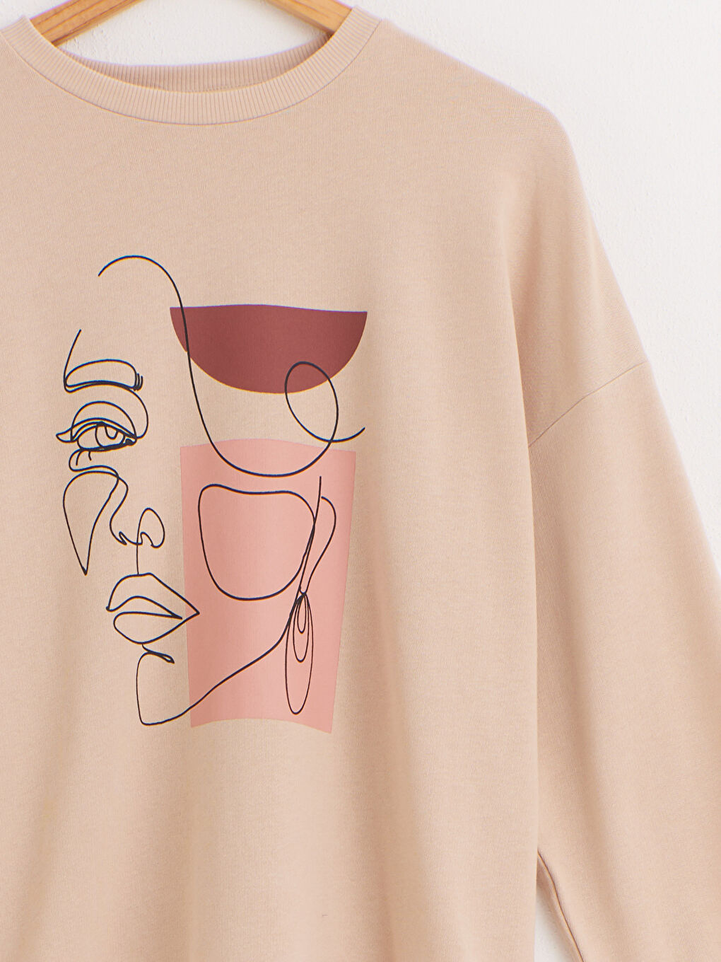 Bej Bisiklet Yaka Baskılı Sweatshirt-2