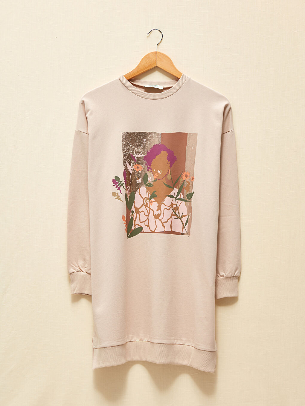 Bej Baskılı Kadın Sweatshirt Tunik-3