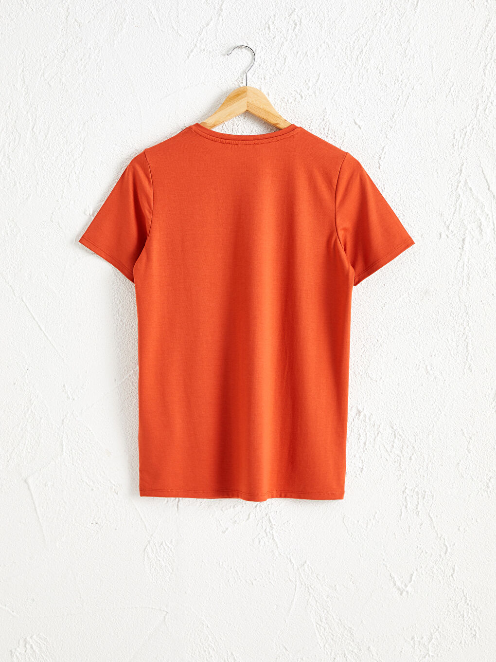 Kahverengi Düz Bisiklet Yaka Tişört-2