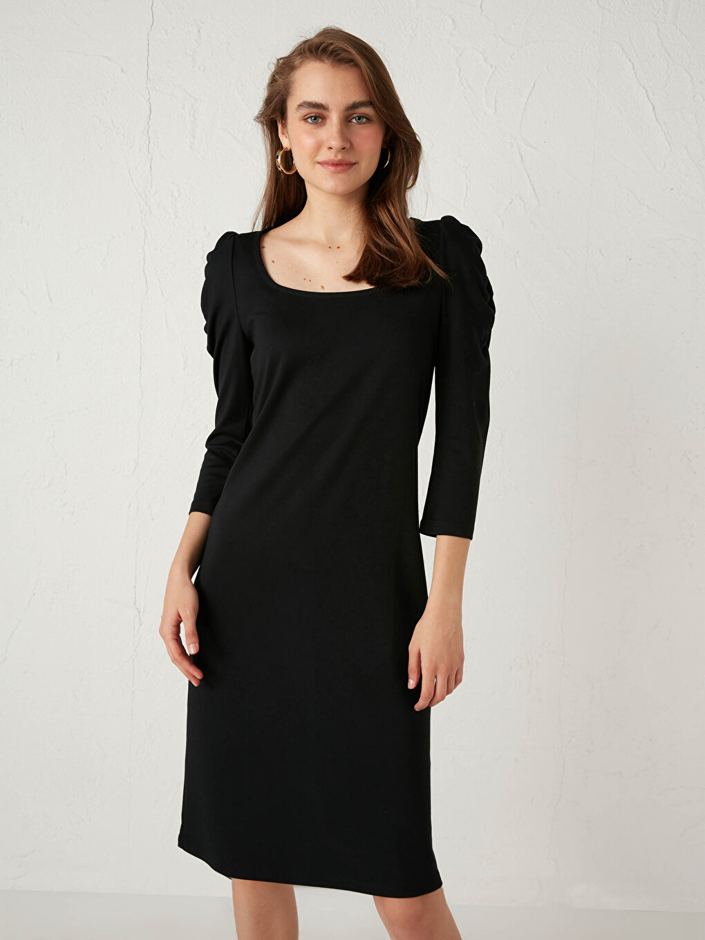 Robe à Col Carré Unie à Manches Longues pour Femmes-2