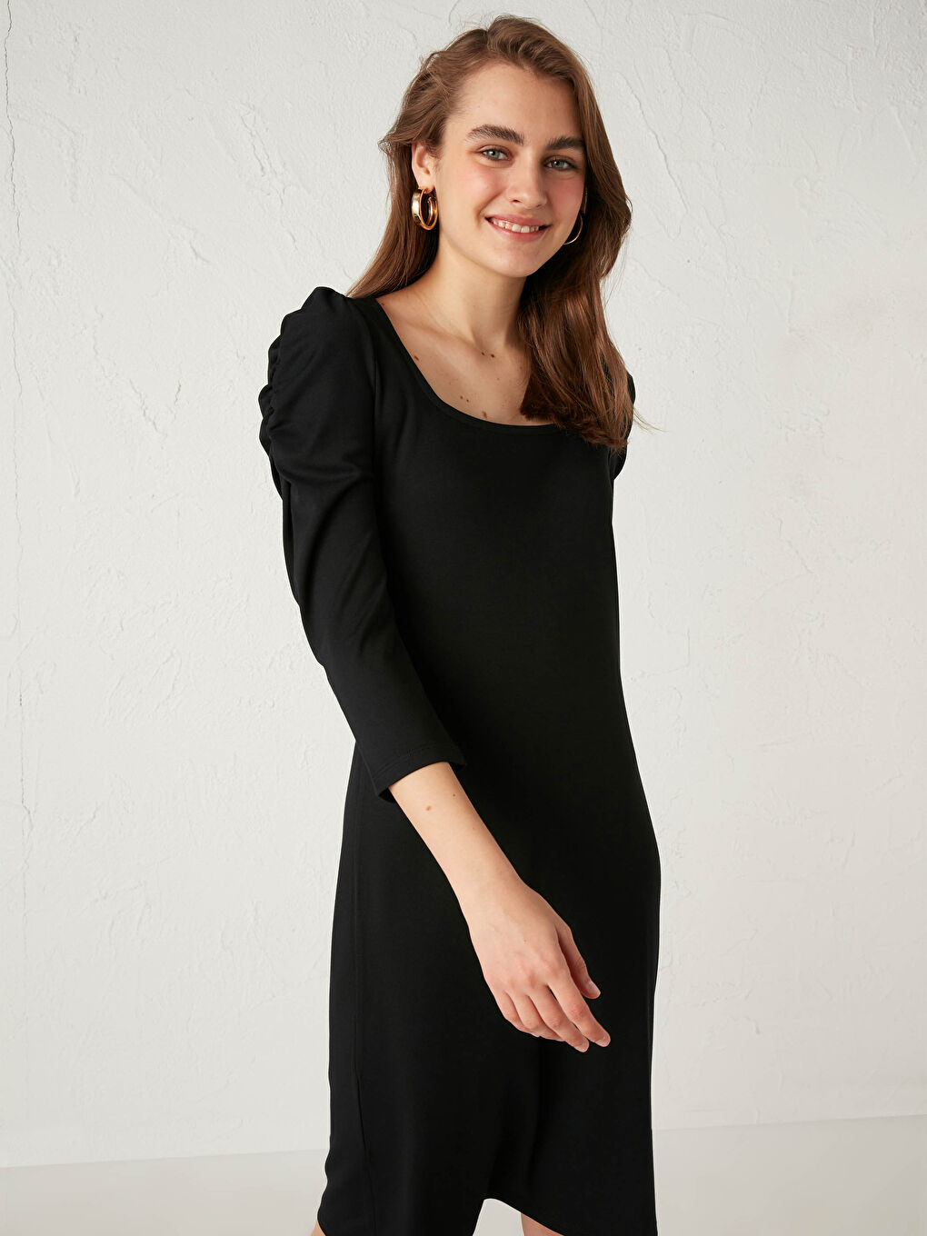 Robe à Col Carré Unie à Manches Longues pour Femmes-3