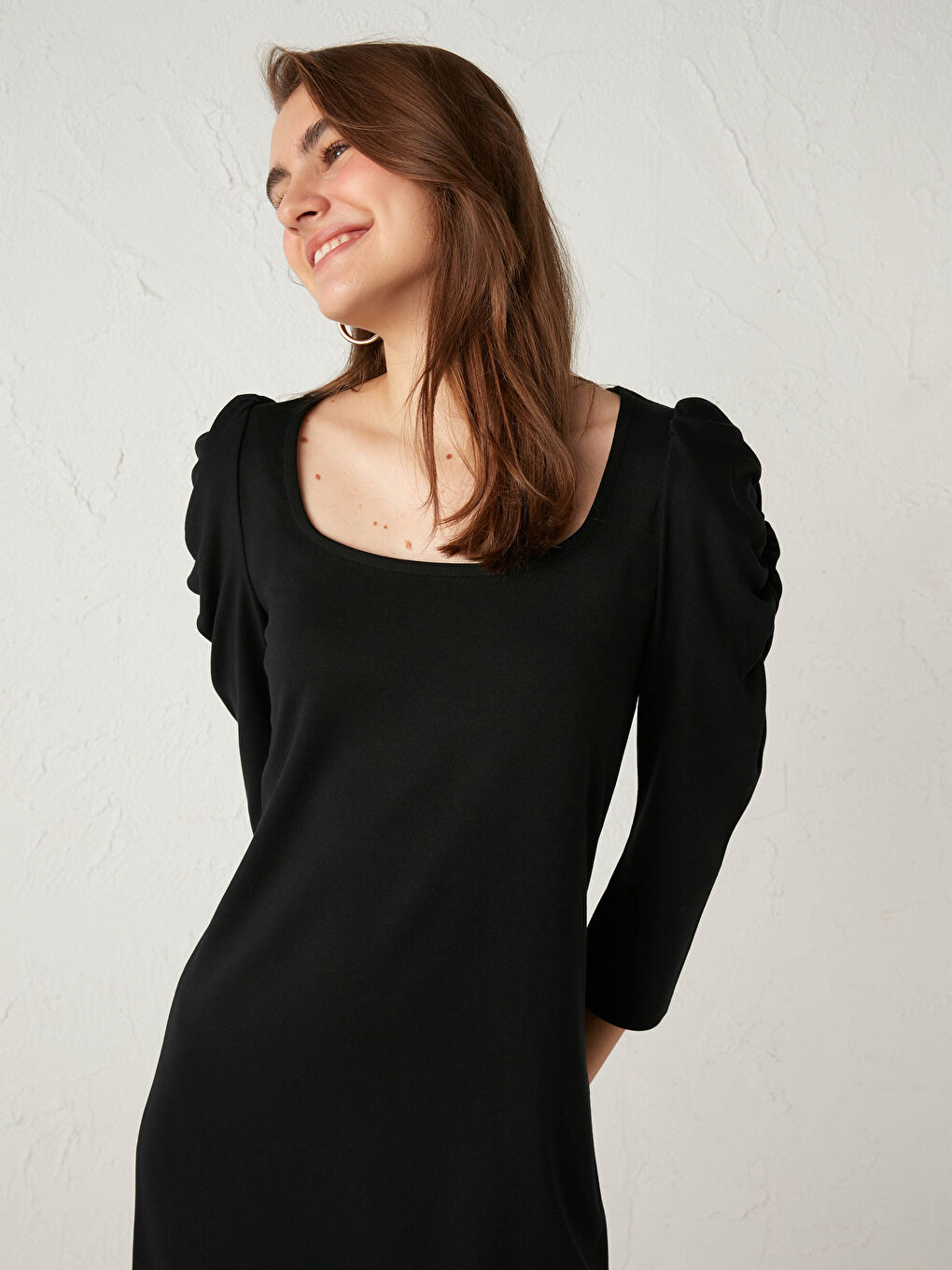 Robe à Col Carré Unie à Manches Longues pour Femmes-4