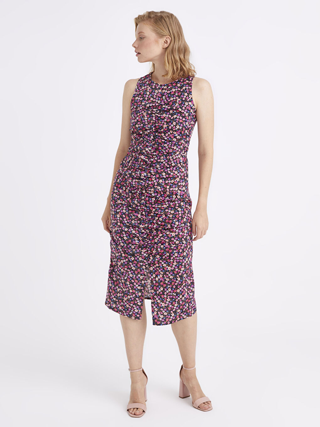 Pembe Çiçek Desenli Büzgülü Poplin Elbise-1