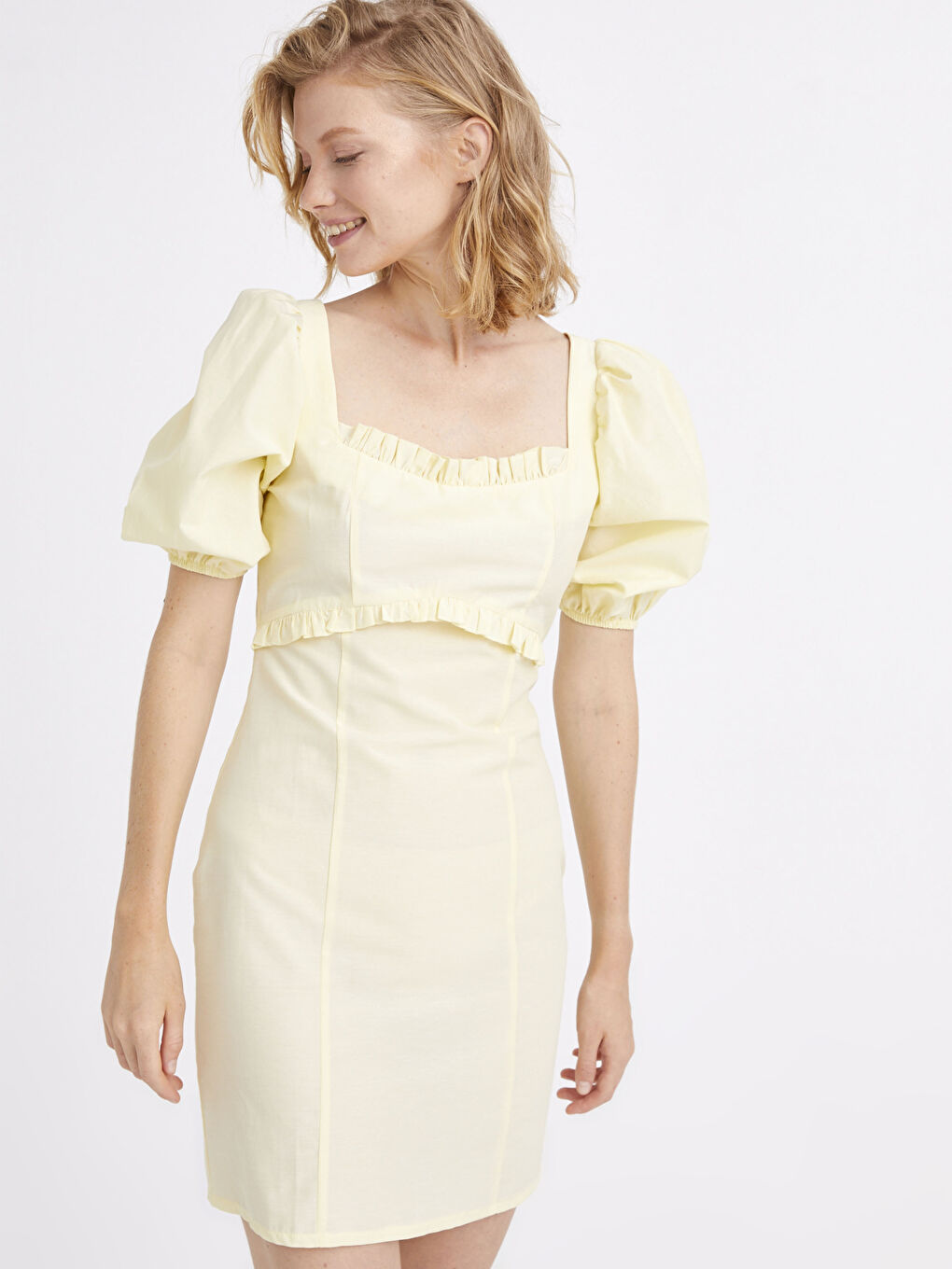 Sarı Kare Yaka Balon Kol Poplin Elbise-3