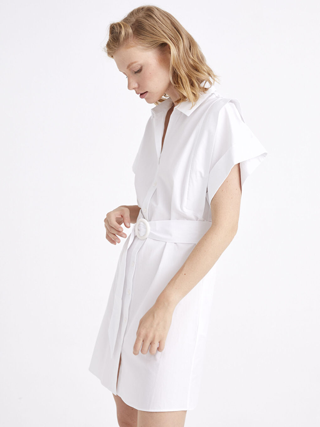 Beyaz Appleline Kuşaklı Poplin Gömlek Elbise-6