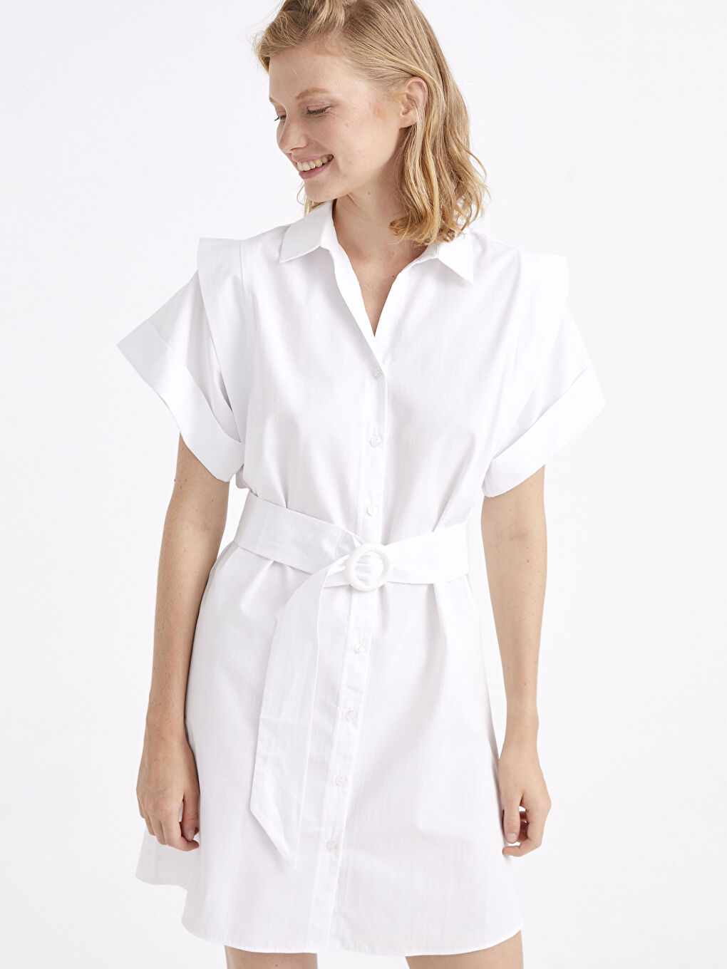 Beyaz Appleline Kuşaklı Poplin Gömlek Elbise-9