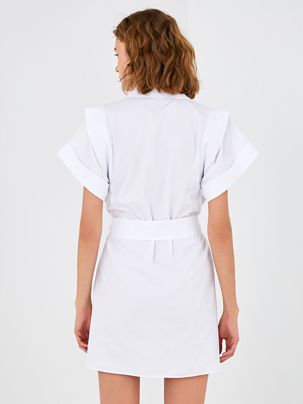Beyaz Appleline Kuşaklı Poplin Gömlek Elbise-5