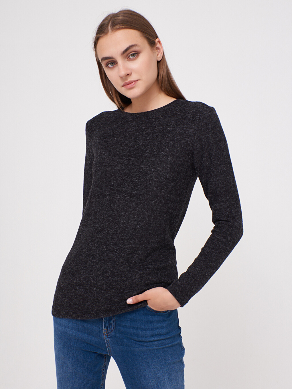 Crew Neck Long Sleeve Textured T-shirt-1