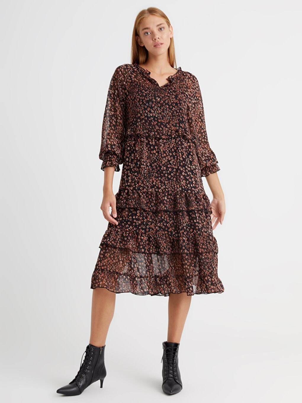 LCW Vision V-Neck Long Sleeve Chiffon Women's Dress
