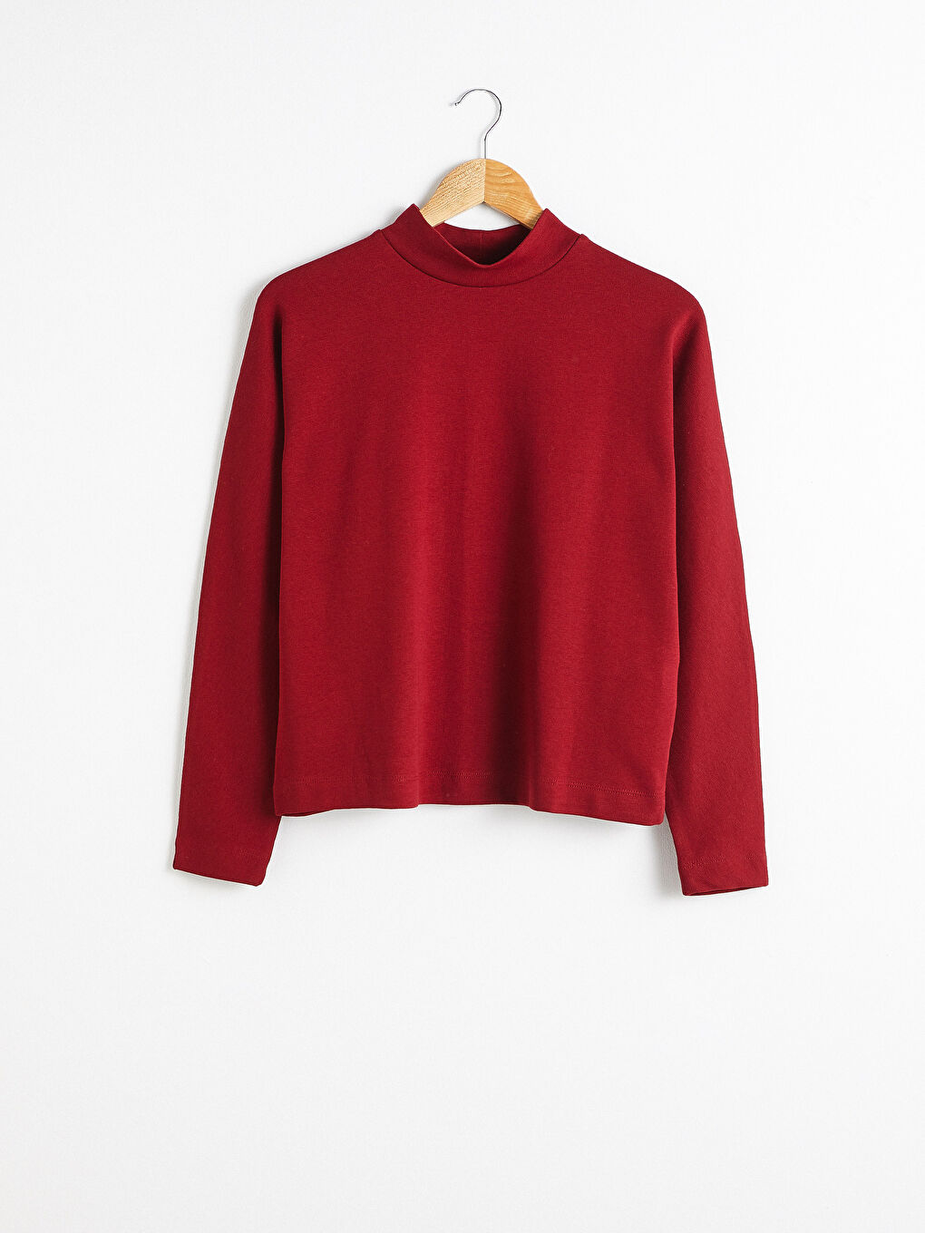 Kırmızı Dik Yaka Düz Uzun Kollu Kadın Tişört-4