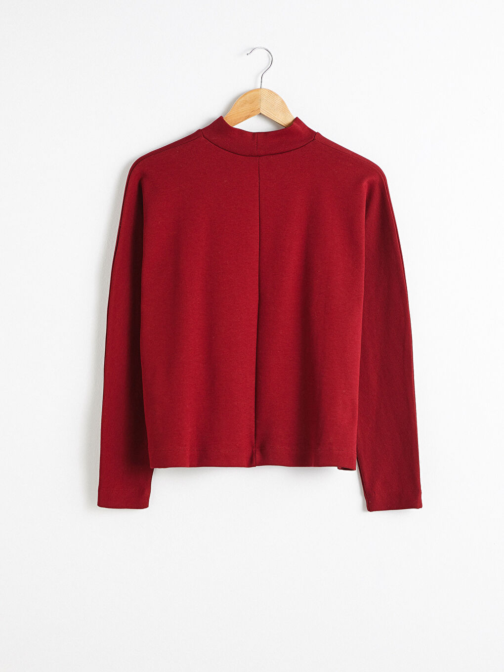 Kırmızı Dik Yaka Düz Uzun Kollu Kadın Tişört-5