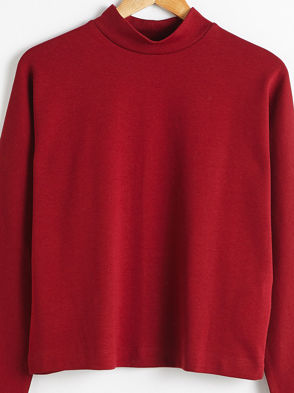 Kırmızı Dik Yaka Düz Uzun Kollu Kadın Tişört-6