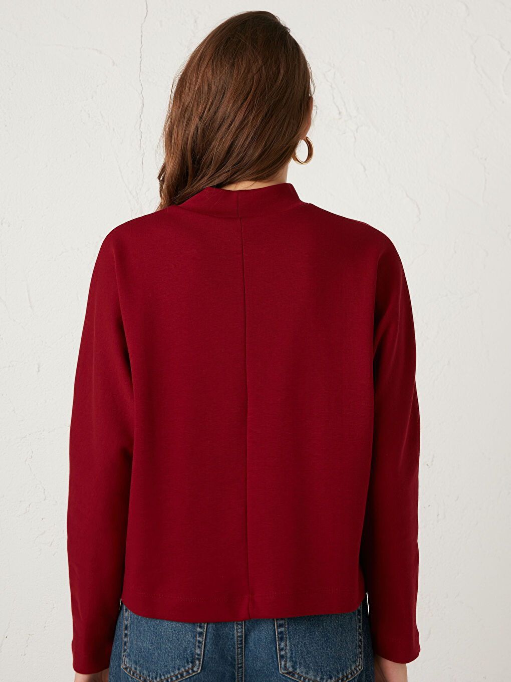 Kırmızı Dik Yaka Düz Uzun Kollu Kadın Tişört-3