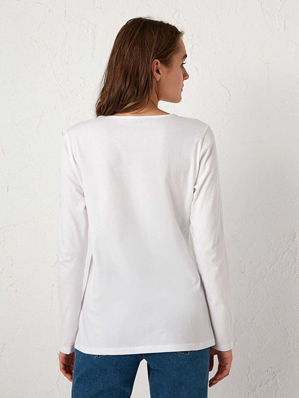 Beyaz Bisiklet Yaka Uzun Kollu Basic Tişört-4