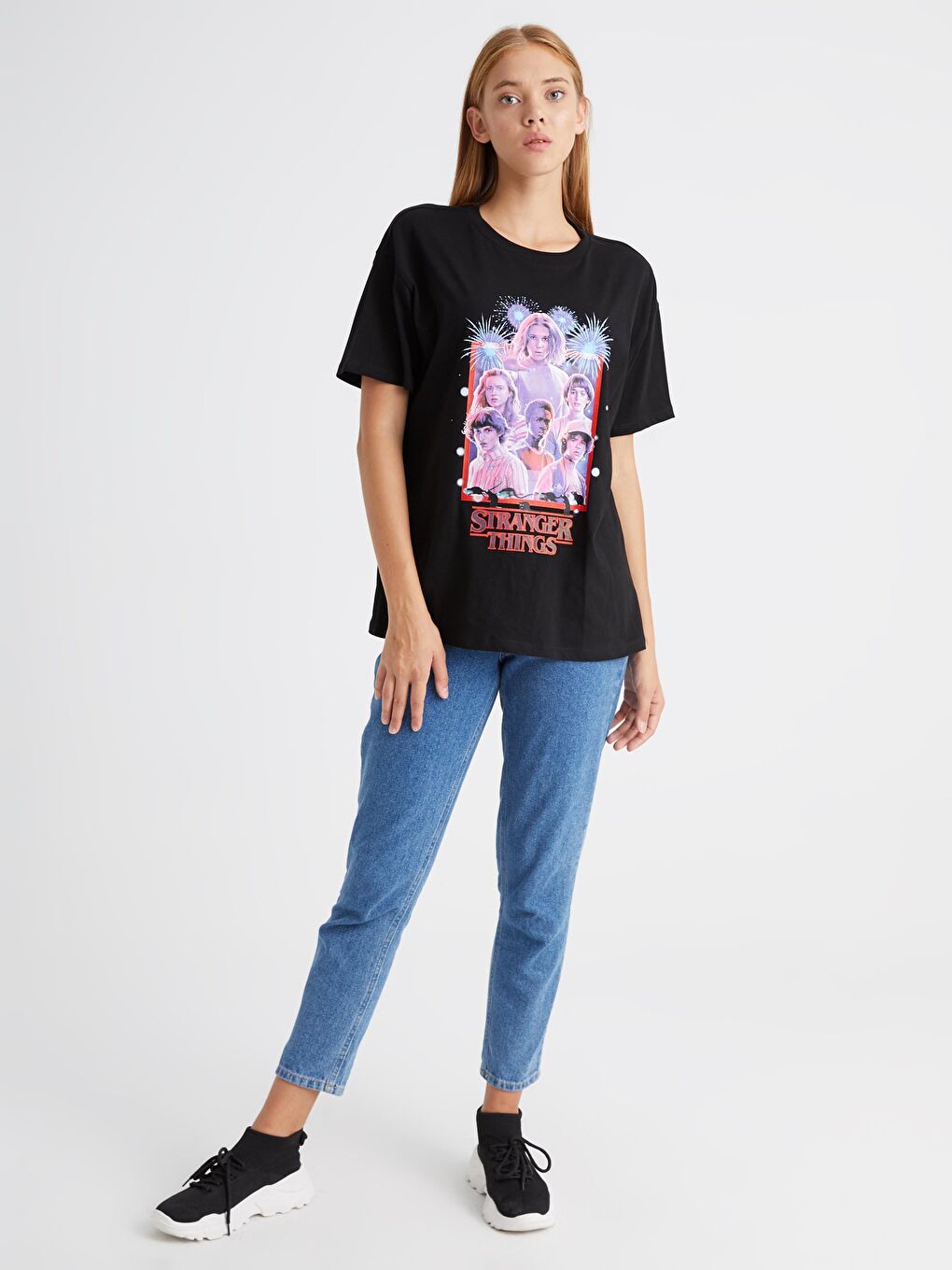 Siyah Stranger Things Baskılı Tişört-2