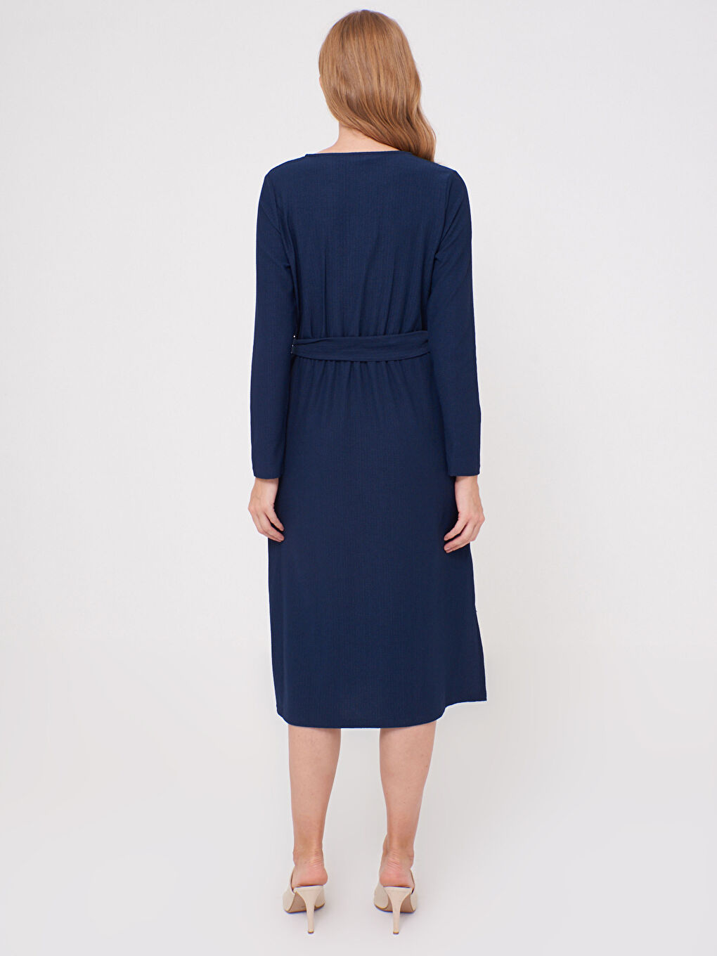 Lacivert Beli Bağlama Detaylı Elbise-4