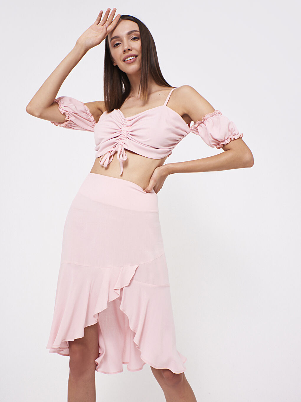 Pembe Fırfır ve Büzgü Detaylı Etek ve Bluz-1