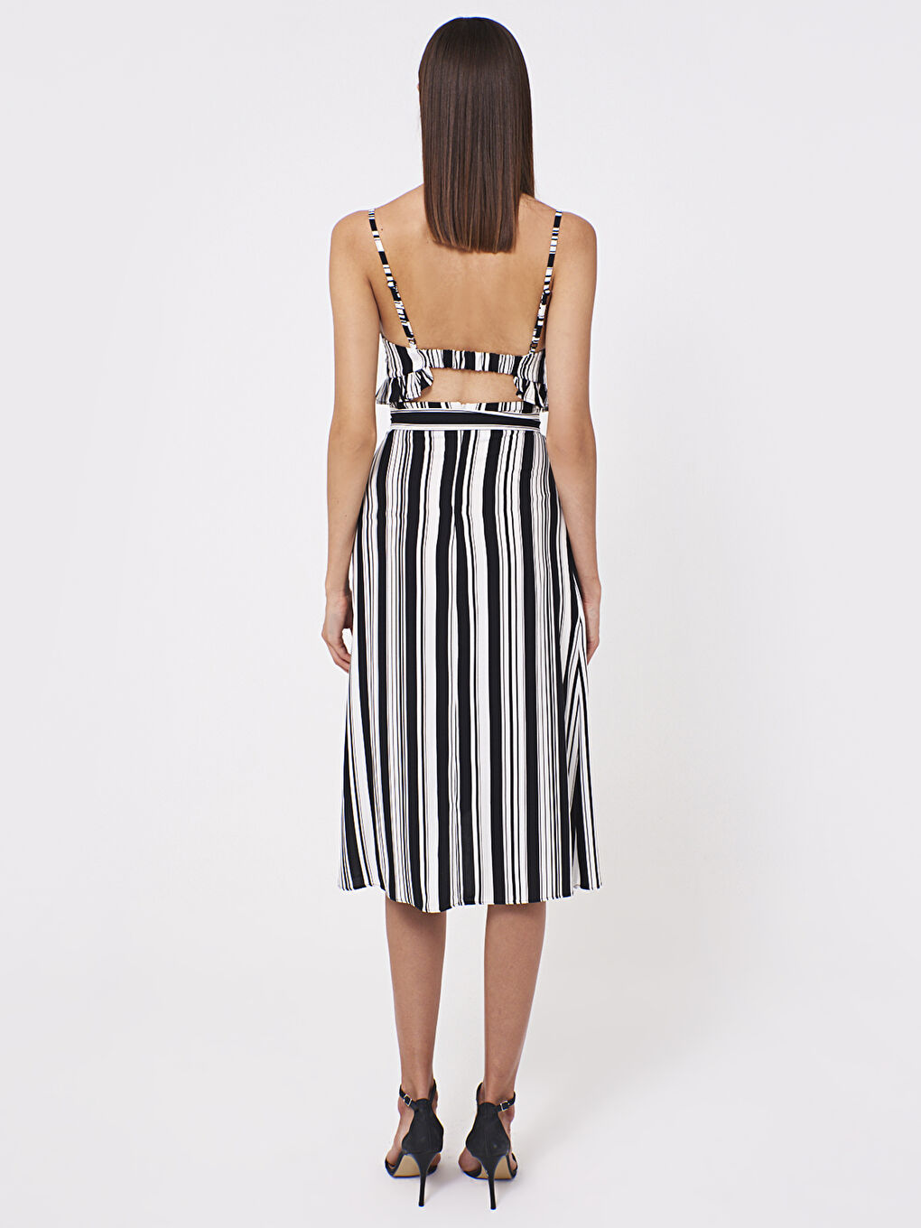 Siyah Çizgili Kruvaze Etek ve Crop Bluz-5