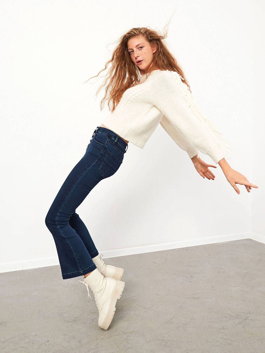 Ekru Balon Kol Kalın Triko Kazak-1