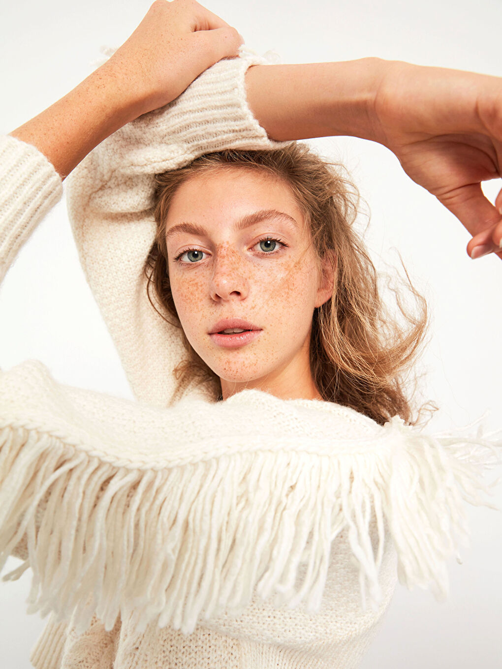 Ekru Balon Kol Kalın Triko Kazak-3