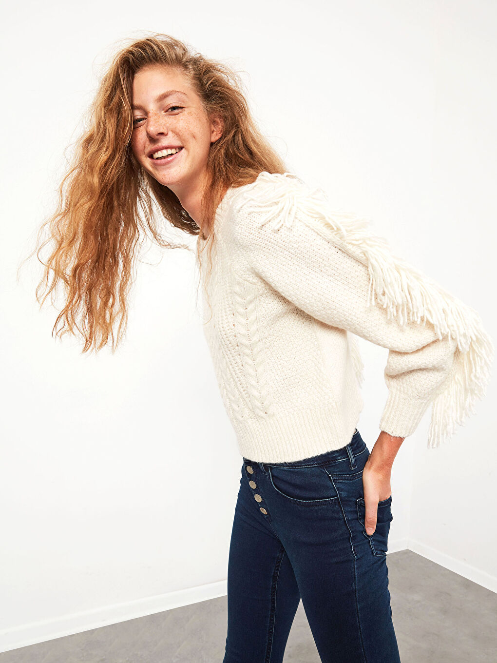 Ekru Balon Kol Kalın Triko Kazak-4