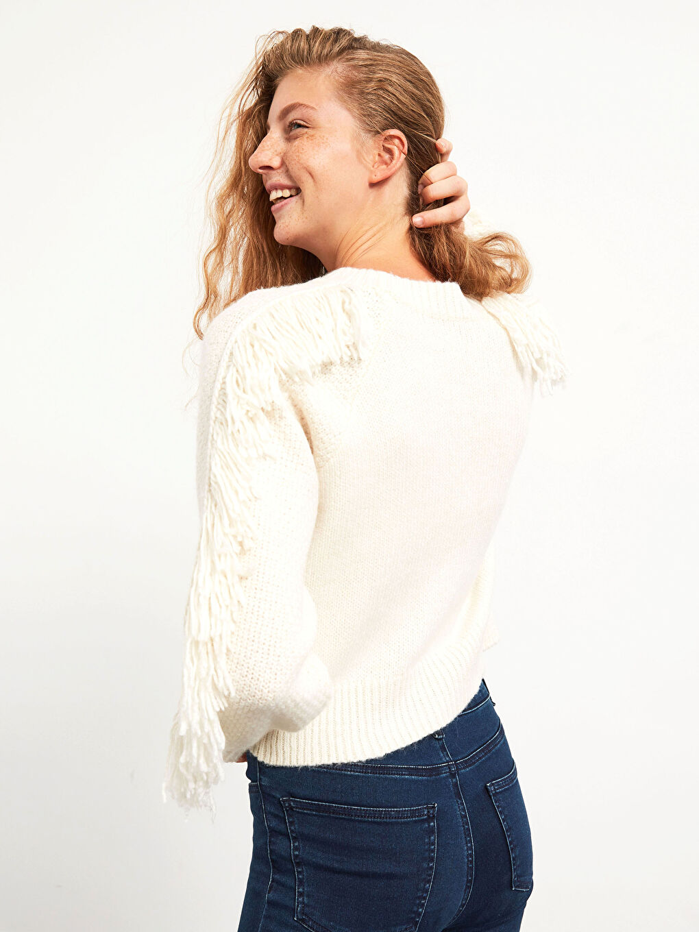 Ekru Balon Kol Kalın Triko Kazak-5