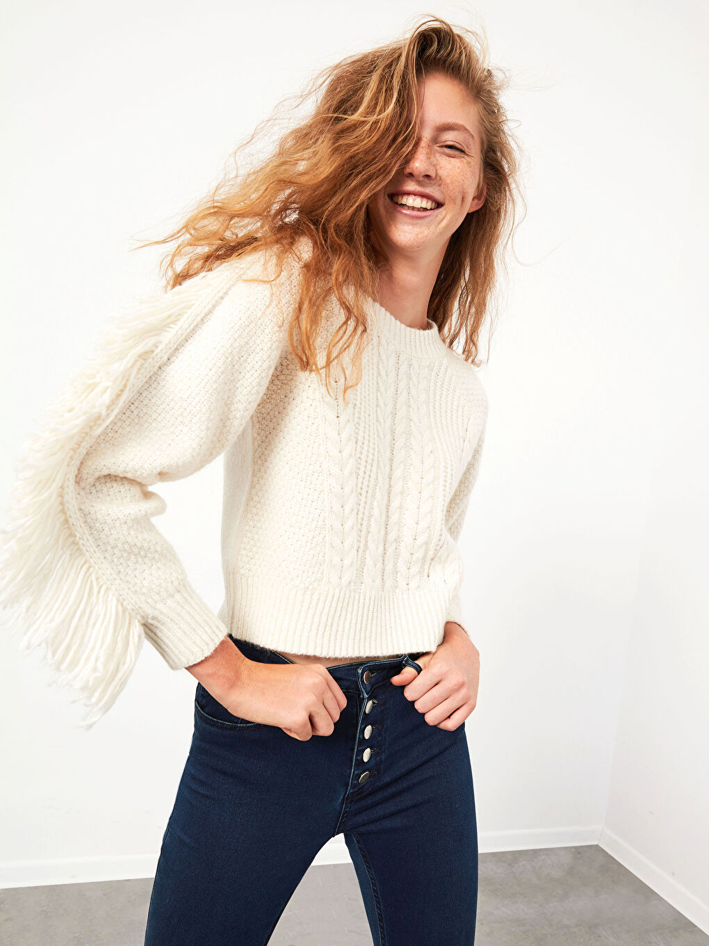 Ekru Balon Kol Kalın Triko Kazak