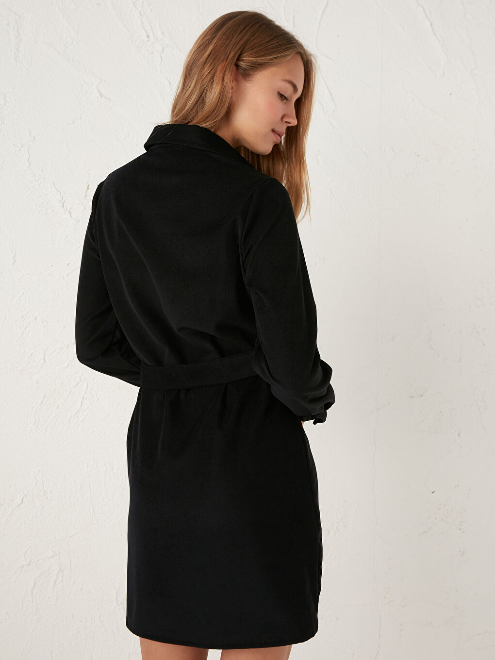 Siyah Kuşaklı Kadife Gömlek Gömlek Elbise-4