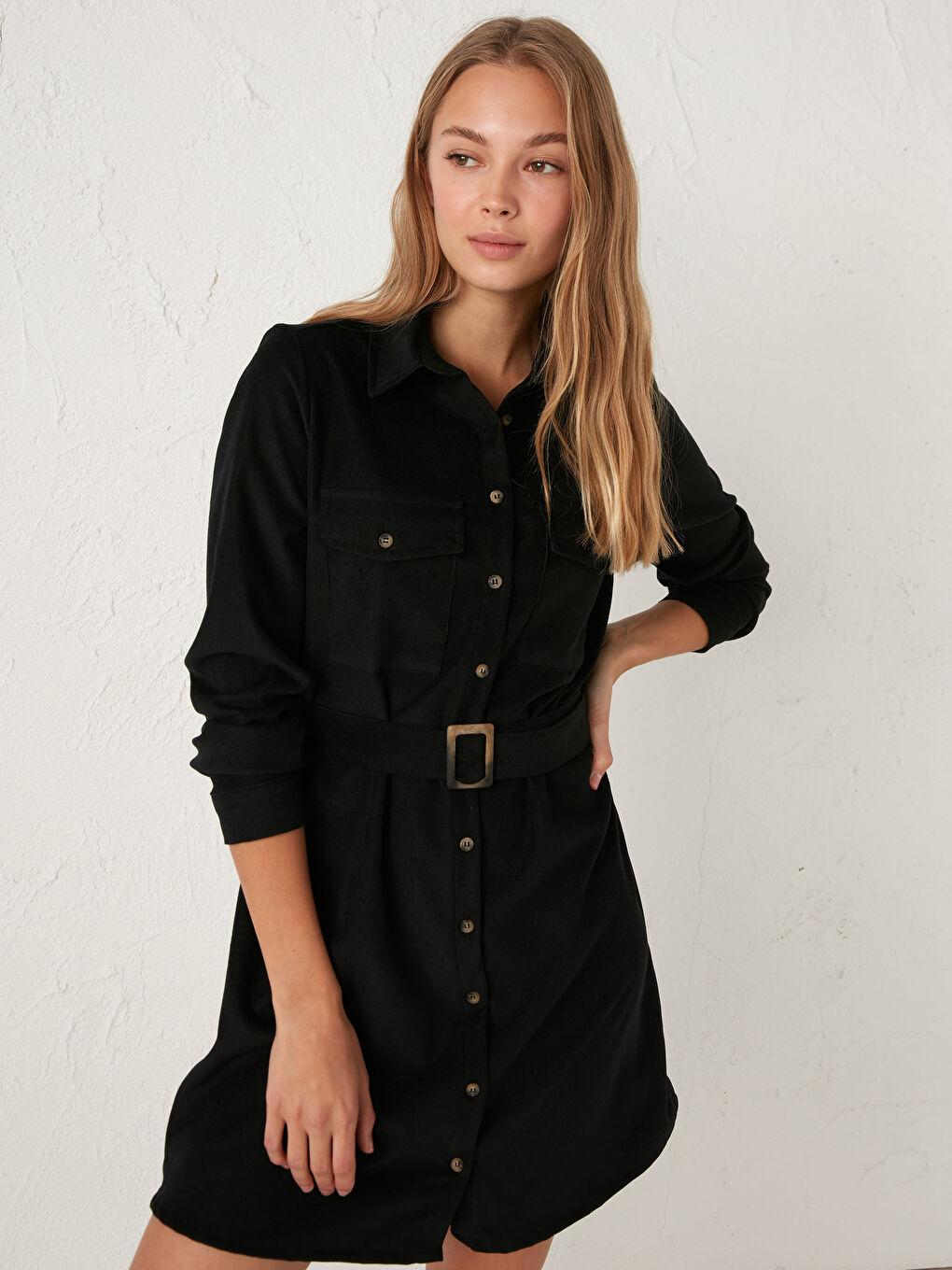 Siyah Kuşaklı Kadife Gömlek Gömlek Elbise-3