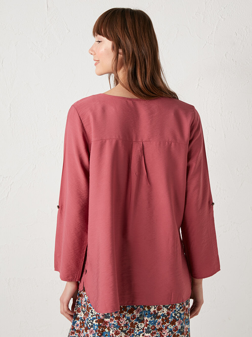 Pembe Bisiklet Yaka Krep Kadın Bluz-3