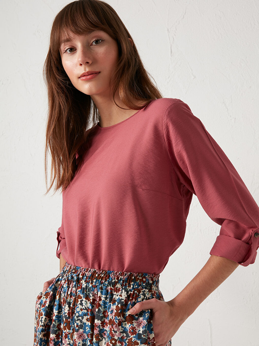 Pembe Bisiklet Yaka Krep Kadın Bluz