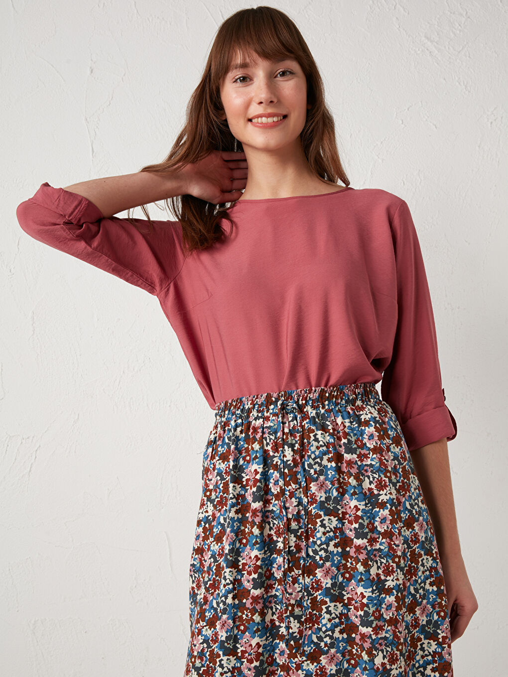 Pembe Bisiklet Yaka Krep Kadın Bluz-1