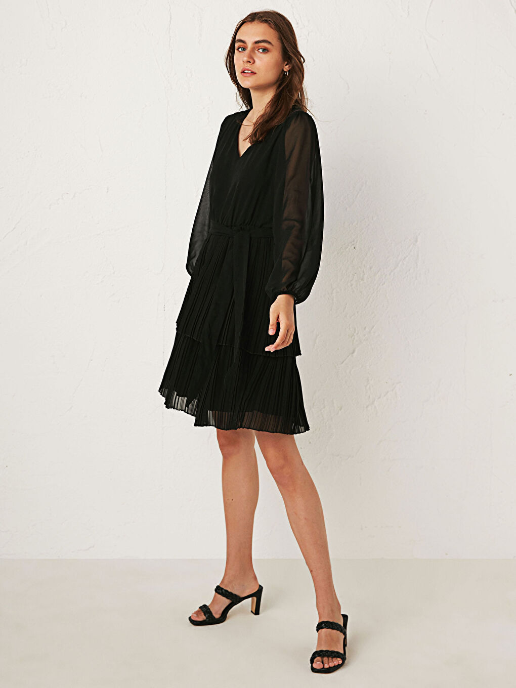 Belted Pleated Chiffon Dress-1