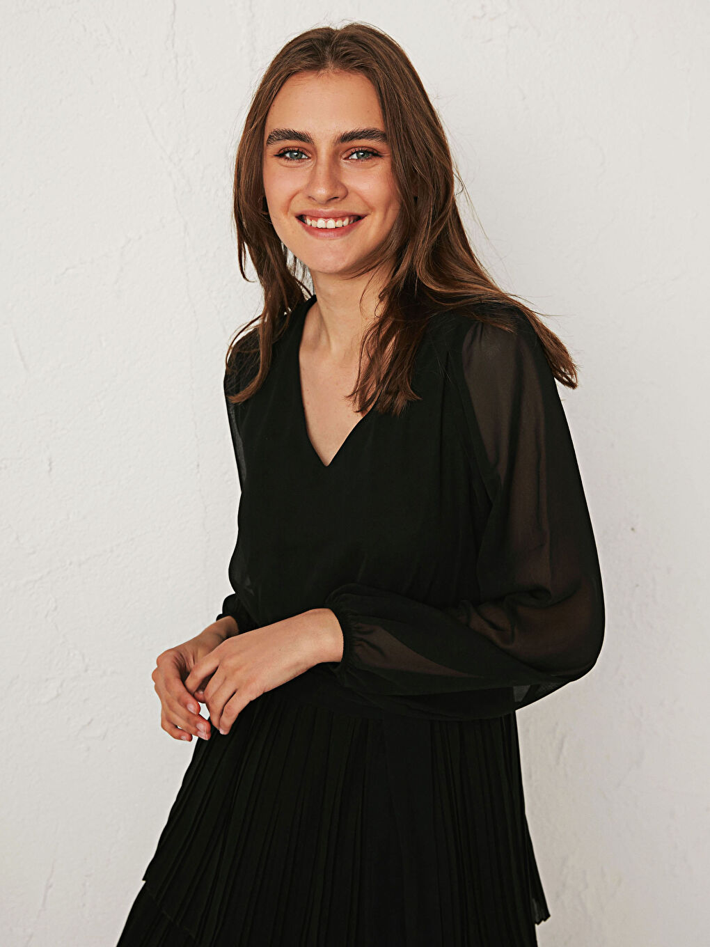 Belted Pleated Chiffon Dress-2