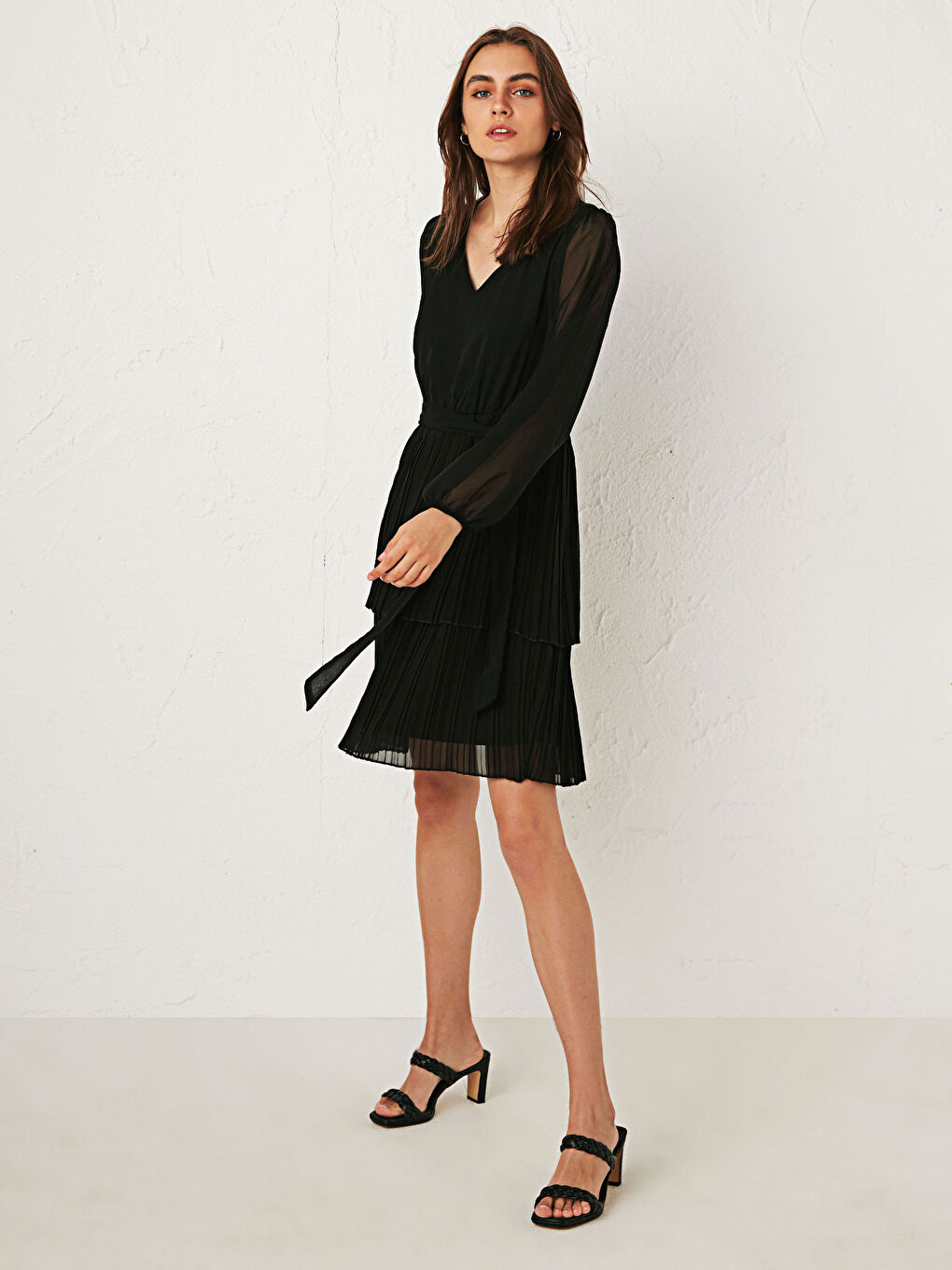 Belted Pleated Chiffon Dress