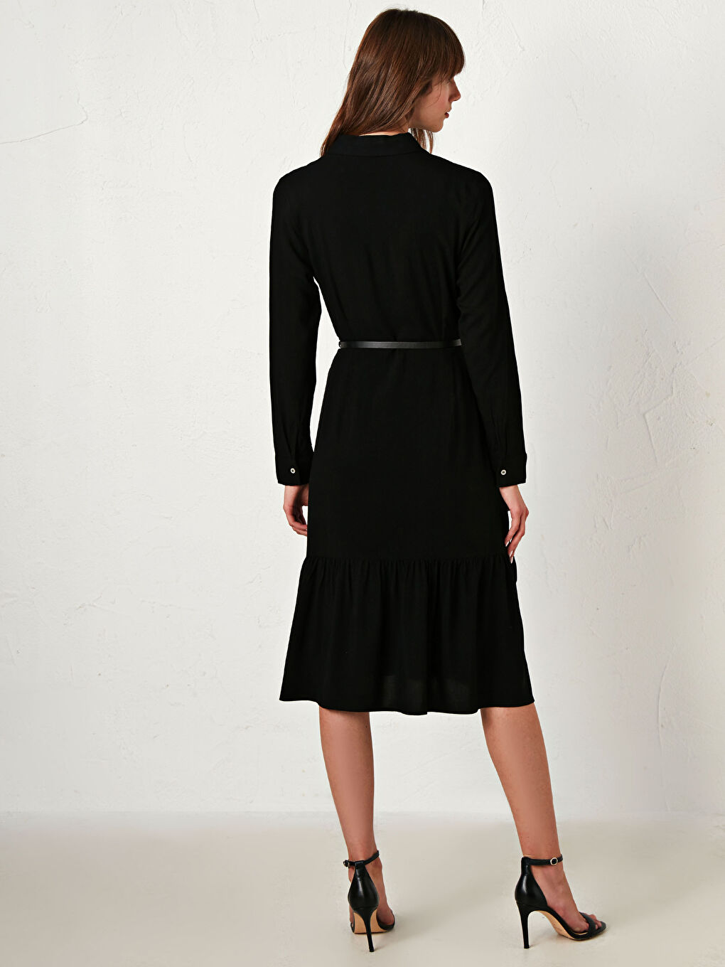 Siyah Uzun Kollu Şifon Kadın Gömlek Elbise-4