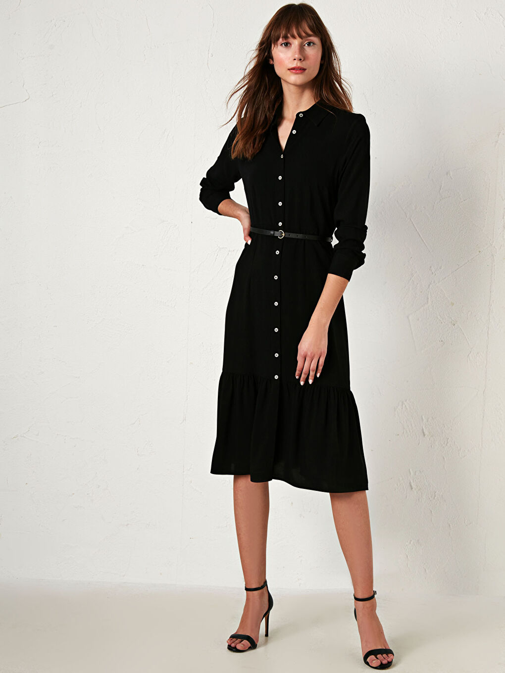 Siyah Uzun Kollu Şifon Kadın Gömlek Elbise