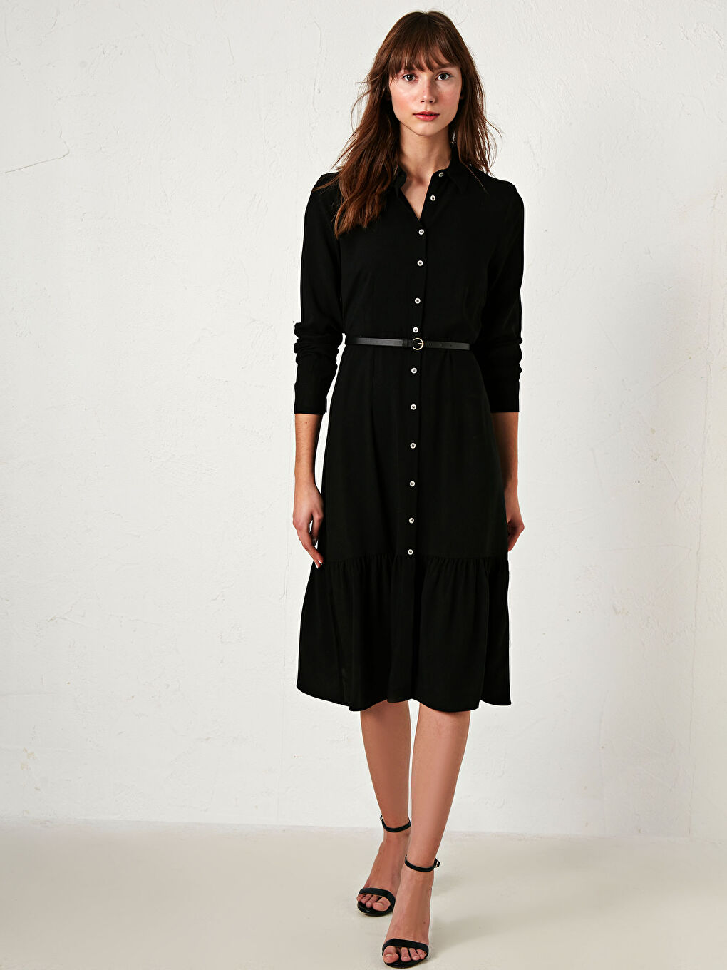 Siyah Uzun Kollu Şifon Kadın Gömlek Elbise-2