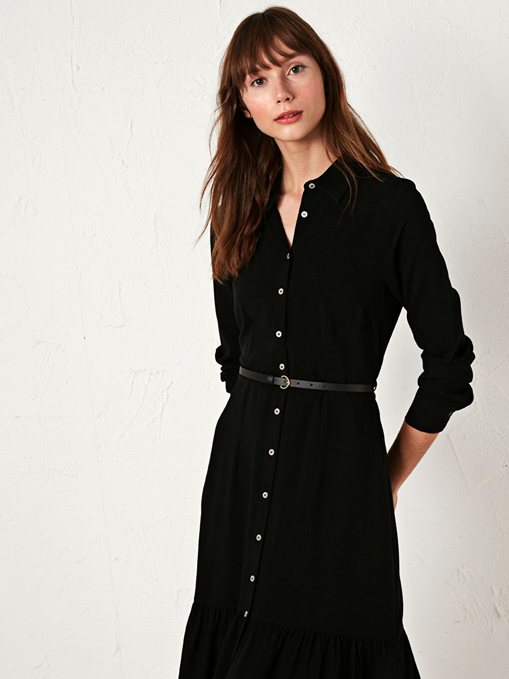 Siyah Uzun Kollu Şifon Kadın Gömlek Elbise-3